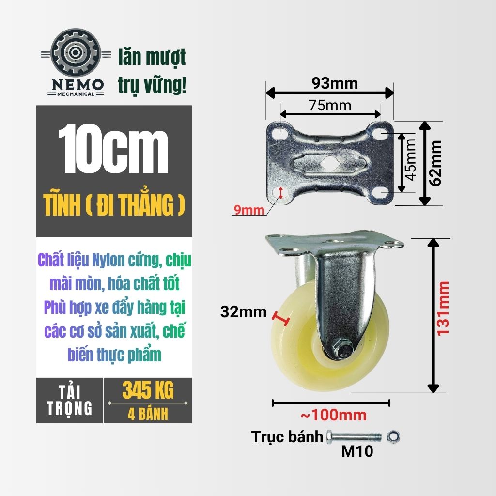 Bánh Xe Nylon Trắng Chịu Tải – Chuyên Dụng Kho Lạnh, Phòng Sạch (D75, D100, D125)